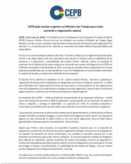 CEPB pide reunión urgente con Ministro de Trabajo para tratar aumento y negociación salarial