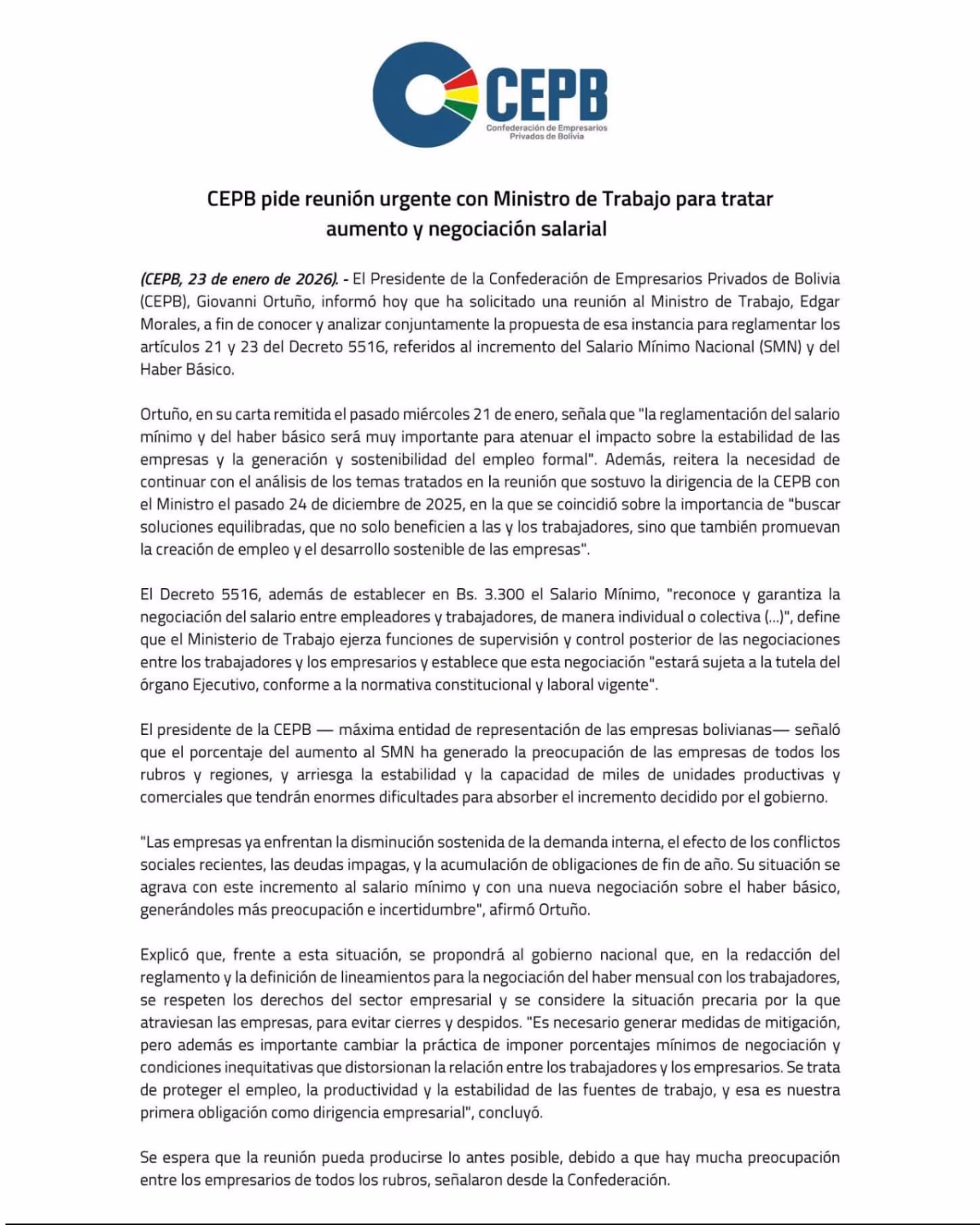 CEPB pide reunión urgente con Ministro de Trabajo para tratar aumento y negociación salarial