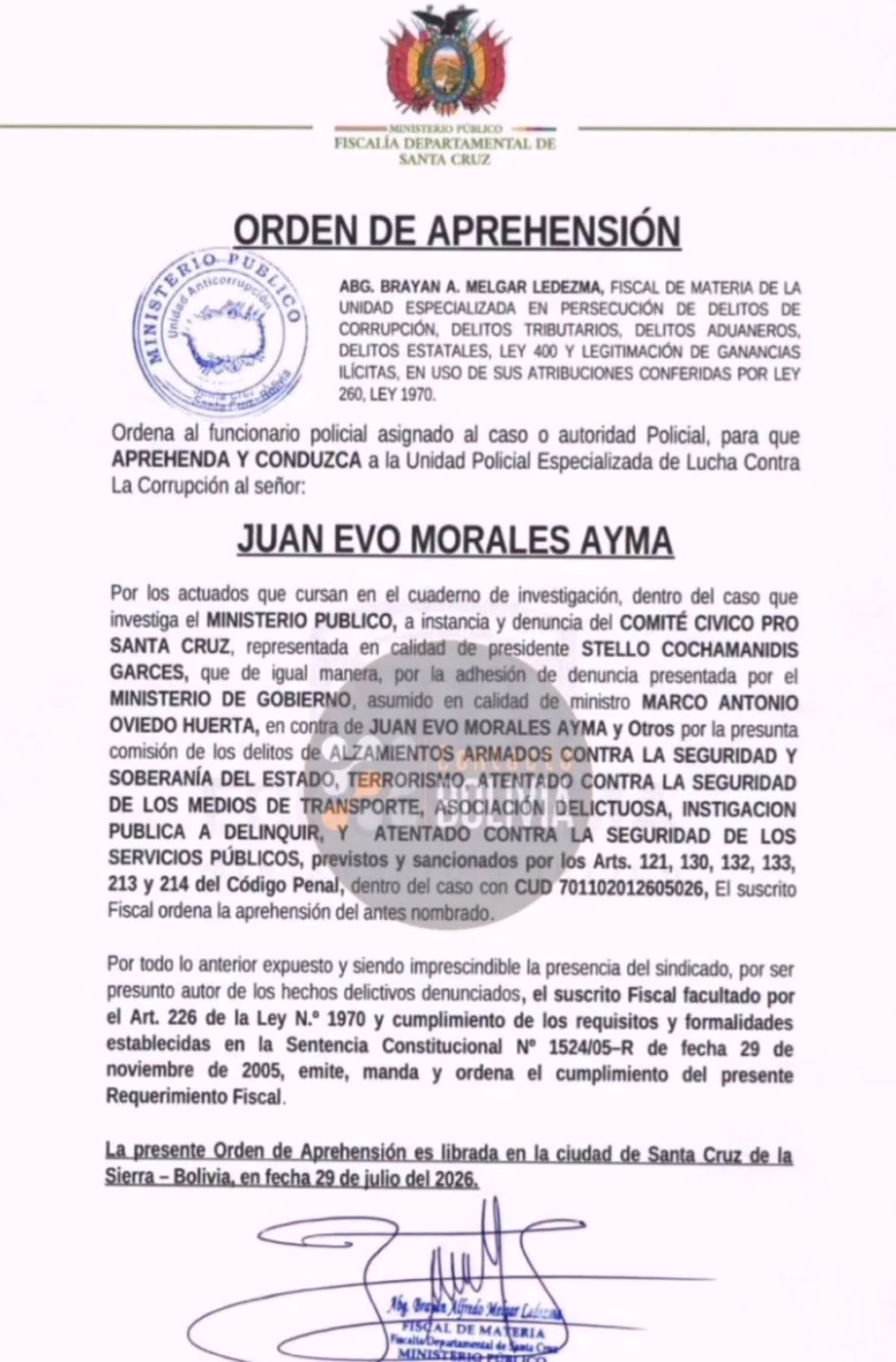 FISCALÍA EMITE ORDEN DE APREHENSIÓN CONTRA EL EXPRESIDENTE EVO MORALES