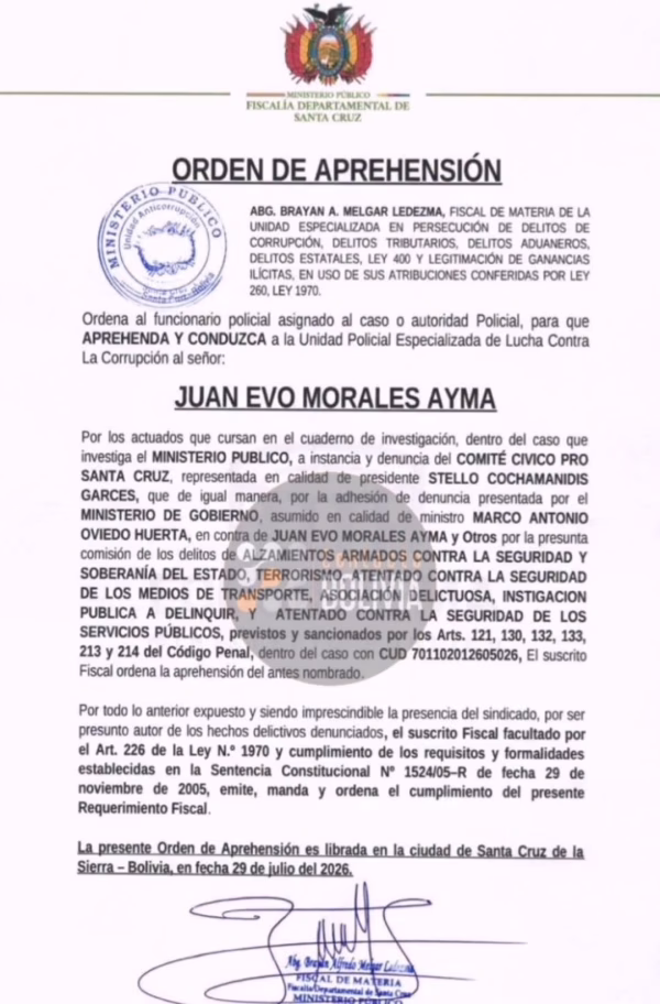 Fiscalía de Santa Cruz ordena la aprehensión del expresidente Evo Morales.