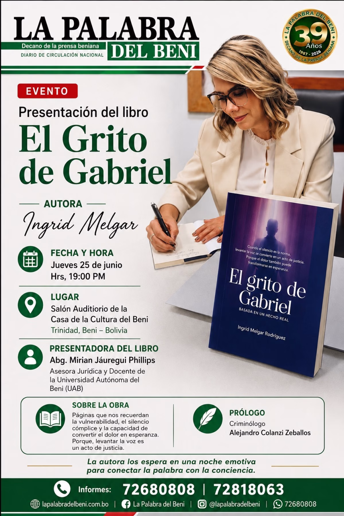LETRAS QUE ROMPEN EL SILENCIO: INGRID MELGAR PRESENTA EN TRINIDAD SU LIBRO «EL GRITO DE GABRIEL»