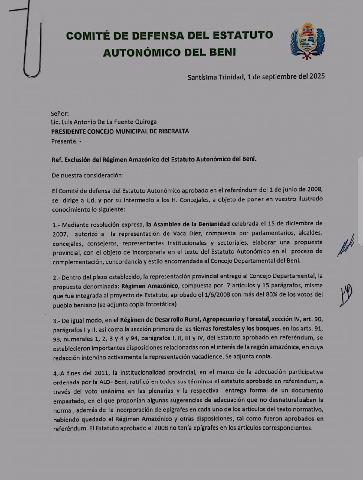 Estatuto Autonómico: Piden a los Concejos municipales de Guayaramerín y Riberalta rechazar los cambios que se pretenden aprobar en la ALB